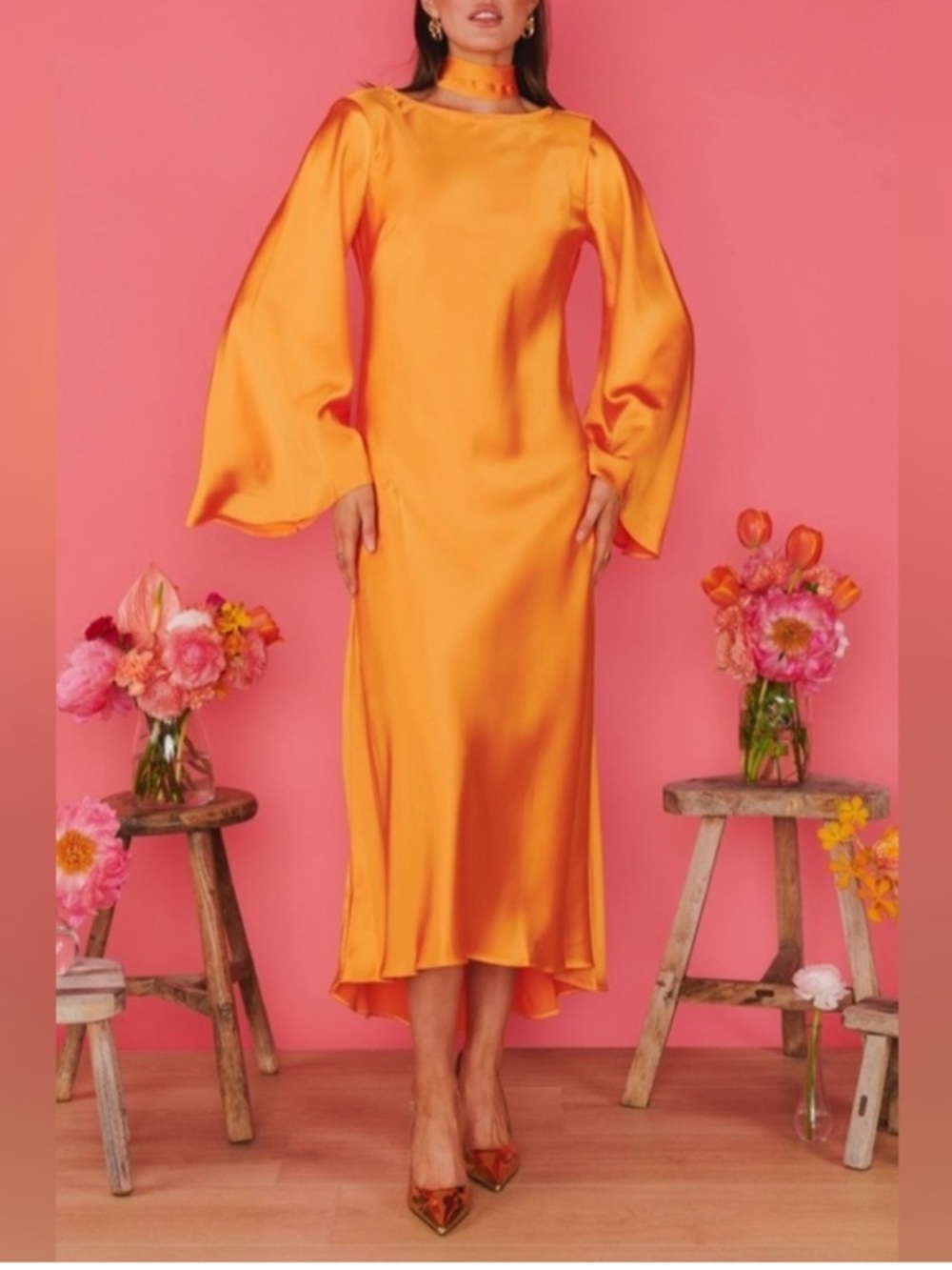 NWT Showmeyourmumu Long Sleeve Midi Dress in Vibrant Orange sz S
